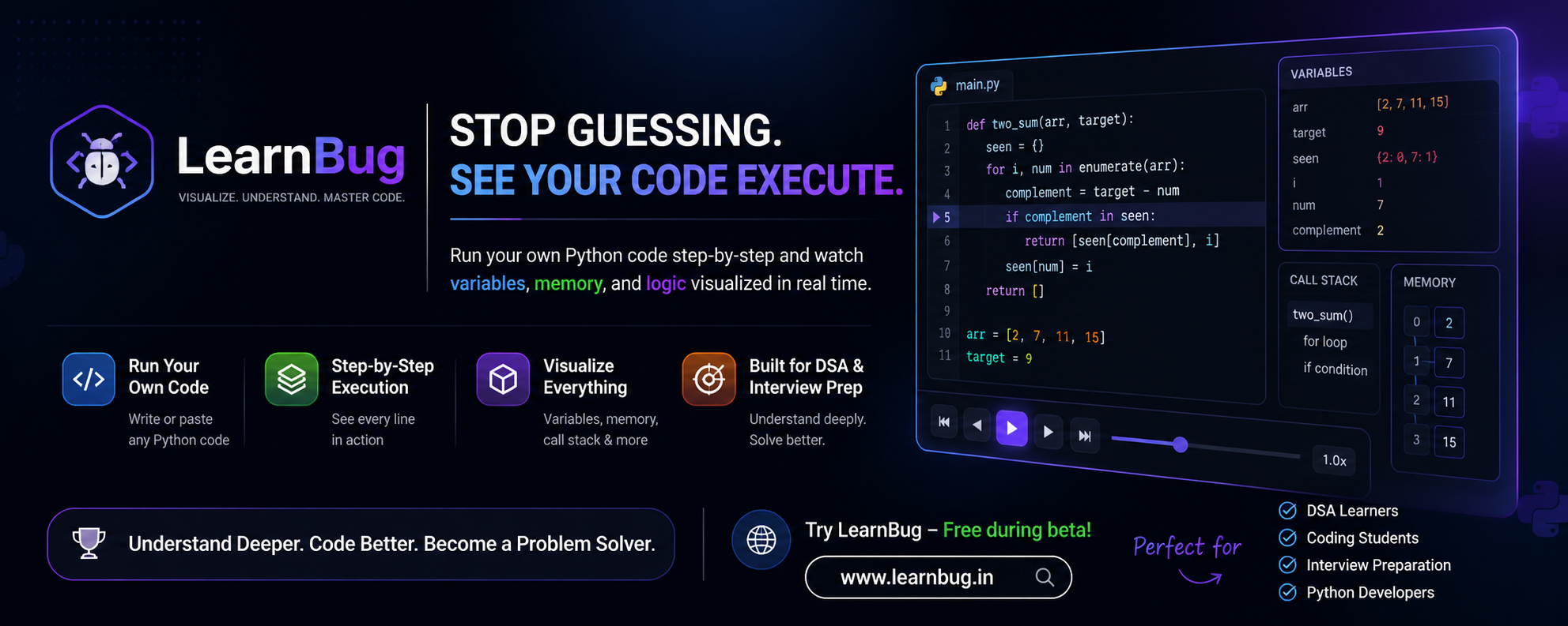 LearnBug — Stop Guessing. See Your Code Execute.