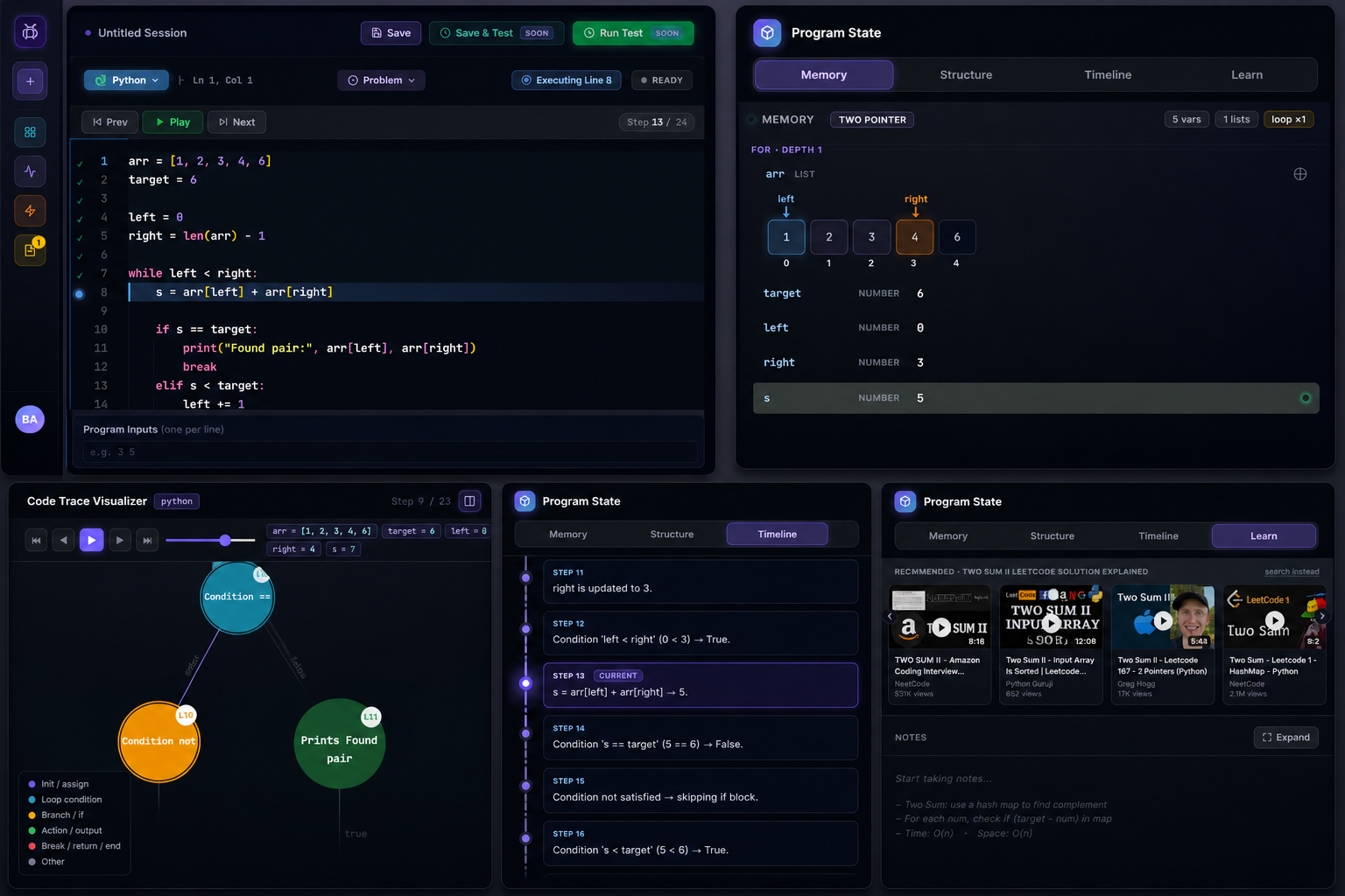 LearnBug visual debugger — Memory, Structure, Timeline and Learn views