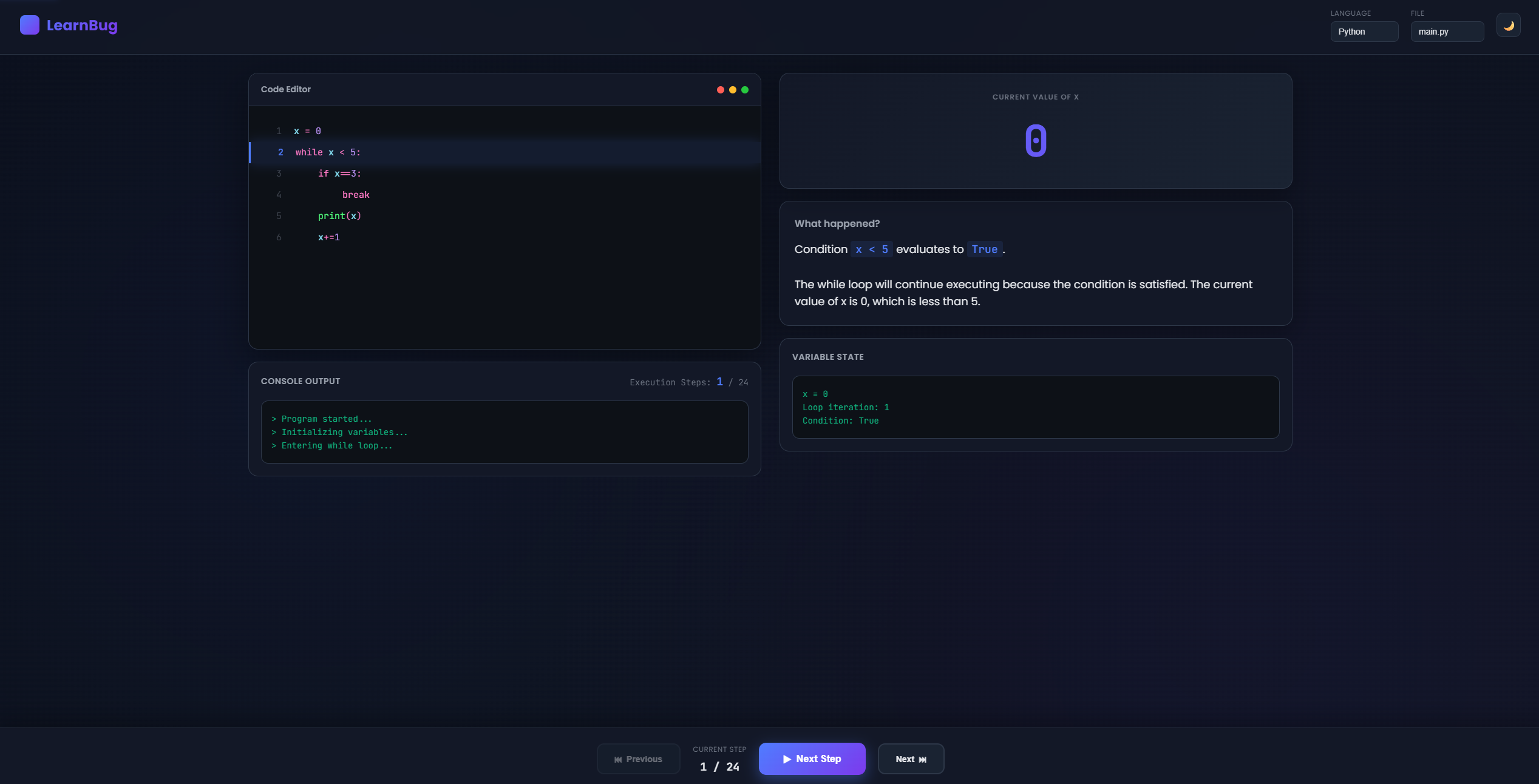 LearnBug visual code execution step by step