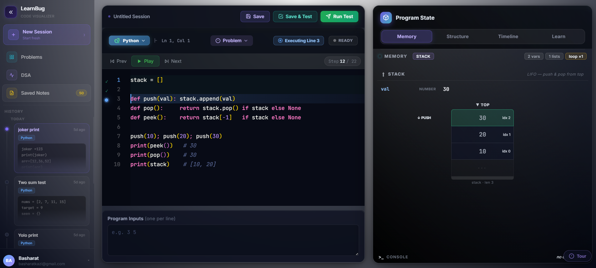 LearnBug memory and stack visualization