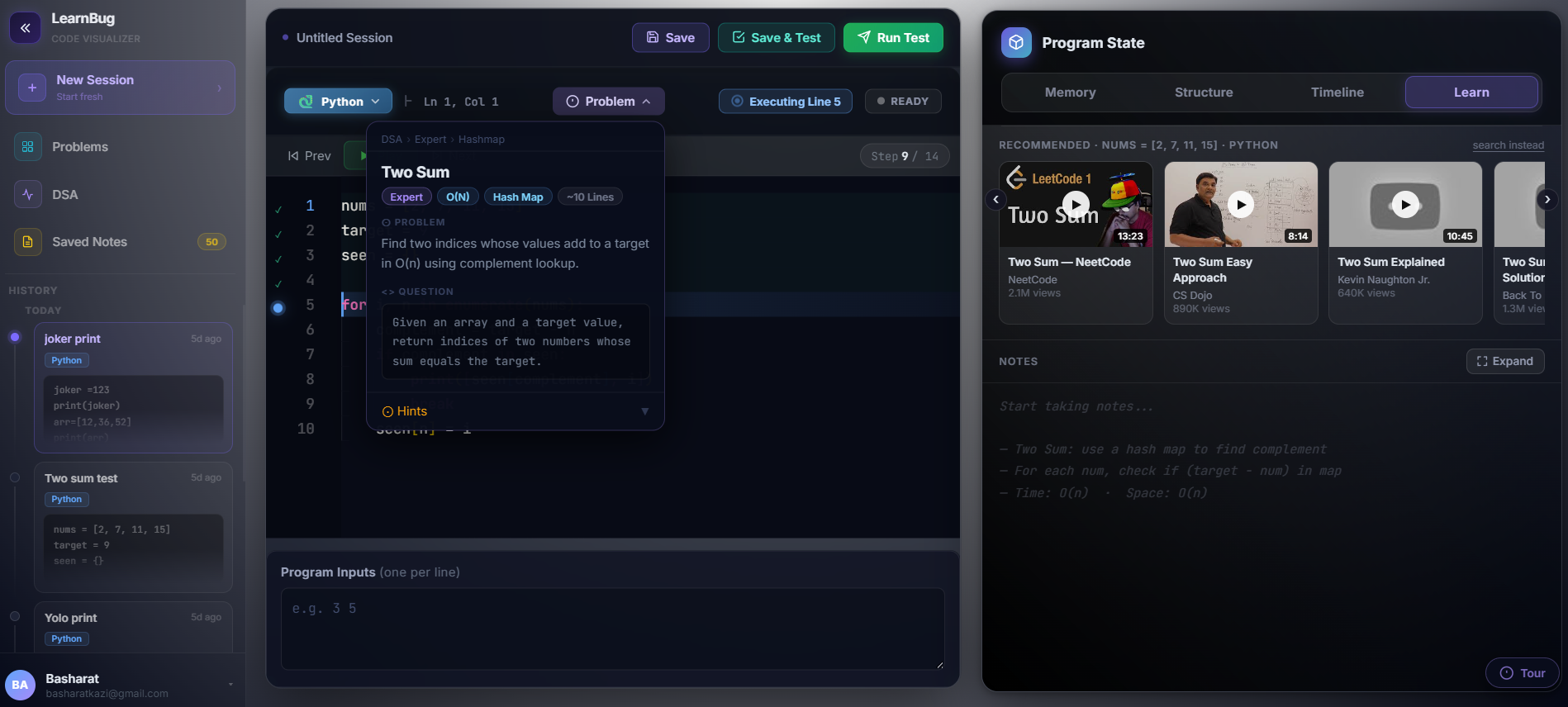 LearnBug problem mode with Two Sum
